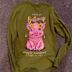 Simply Southern Olive Shirt with Pink Pig and Yellow Accents